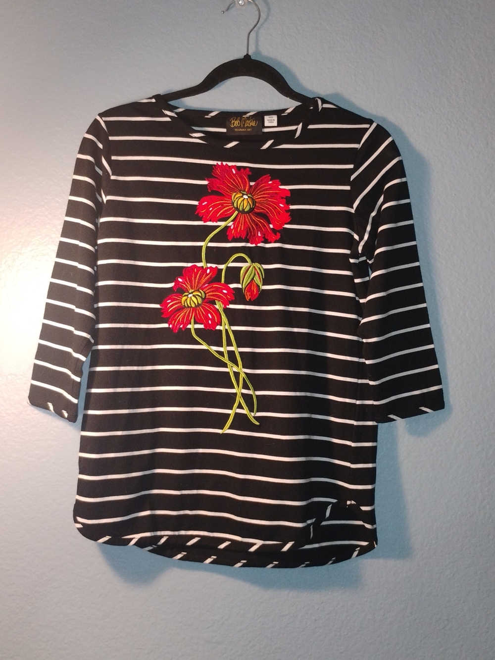 Bob Mackie Black & White Striped Top with Red Floral Appliqué